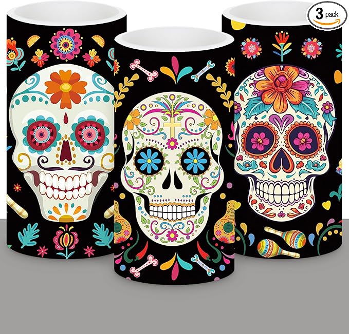 Retisee 3 Pcs Halloween Day of The Dead Flameless Candles Black Dia De Muertos Sugar Skull LED Candles Mexican Dia De Los Muertos Flameless for Bedroom Living Room Ofrenda Decorations - sugar skull table lamp