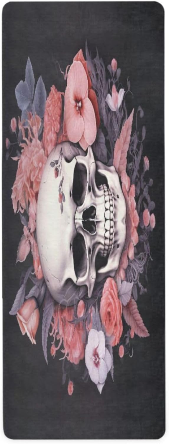 Rose Floral Sugar Skull Yoga Mat,Non Slip Exercise & Fitness Mat Folding Waterproof Yoga Mat for Yoga, Pilates, Stretching,71 x 26 Inch Come with Storage Bag - sugar skull yoga mat