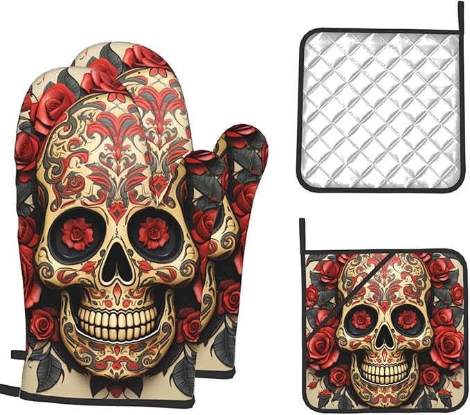 Oven Mitts and Pot Holders 4 pcs Heat Resistant Oven Glove Red Rose Sugar Skull Oven Mitt Non-Slip Oven Gloves for Cooking Kitchen Hot Pads for Grilling Microwave Baking BBQ - sugar skull oven mitts