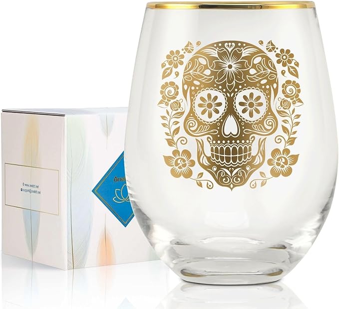 Onebttl Sugar Skull Gifts, Day of the Dead Gifts, 17 oz Stemless Wine Glass with Foil Stamping Pattern - sugar skull handbags for sale