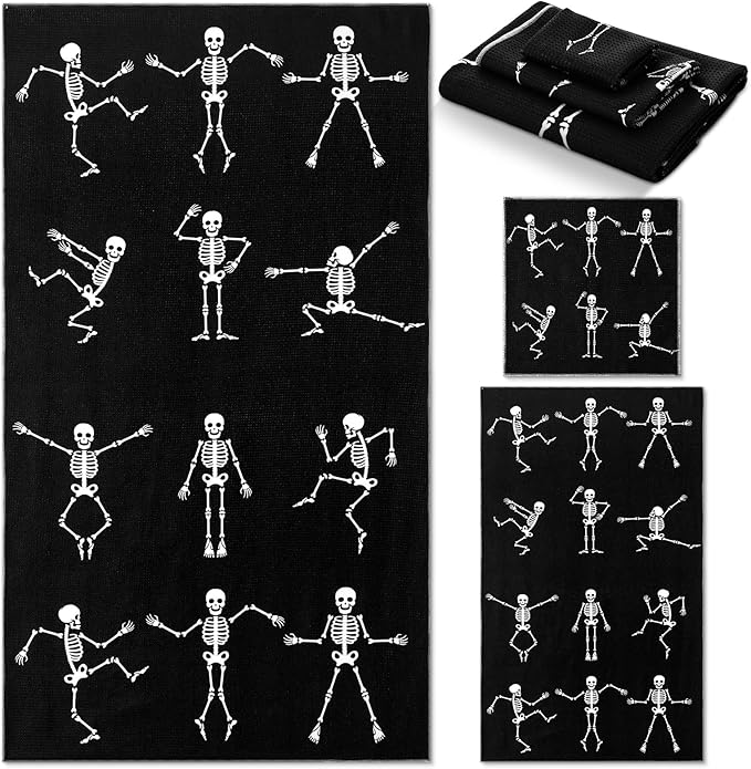 Preboun 3 Pack Halloween Skull Bathroom Towels Set Halloween Hand Towels for Bathroom Skeleton Bath Towels Dancing Skeleton Body Dish Towels Absorbent Fingertip Towel for Kitchen Hotel Beach Gym Spa - sugar skull beach towel