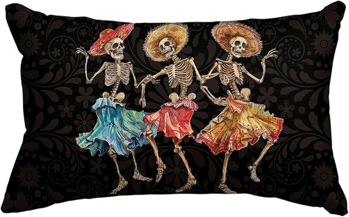 AVOIN colorlife Dia De Los Muertos Skeleton Dance Throw Pillow Cover, 12 x 20 Inch Mexico Day of The Dead Halloween Holiday Cushion Case for Sofa Couch - sugar skull throw pillow