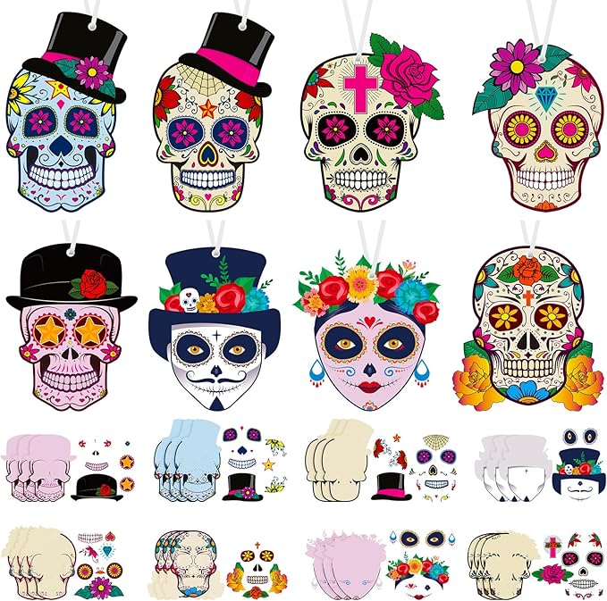 Sumind 48 Sets Day of Dead Decorations Sugar Skull Crafts Kits for Kids Dia De Los Muertos Decor Halloween Ghost Ornaments Halloween Day of Dead Fiesta Party Supplies Fun Home Activities Classroom - sugar skull christmas ornament