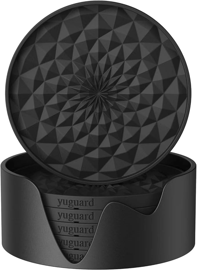 Silicone Coasters [6 Pack] with Holders Drink Coasters, Table Cup Mat, for Hot or Cold Drinks Thickened, Non-Slip, Non-Stick, Deep Tray Black - sugar skull coasters set