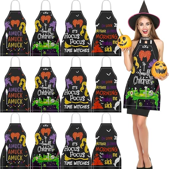 YLOLUL 12 Pcs Halloween Apron for Witch Cooking, Party, Baking, and Grilling - Happy Halloween Decor - sugar skull apron for women
