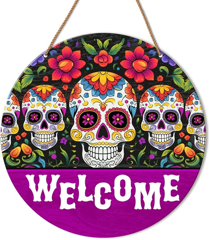 HSNBT Dia De Los Muertos Welcome Sign Decor Day of The Dead Decor for Home Front Door Porch Mexican Sugar Skulls Wooden Hanging Sign Decorations - sugar skull wreath for front door