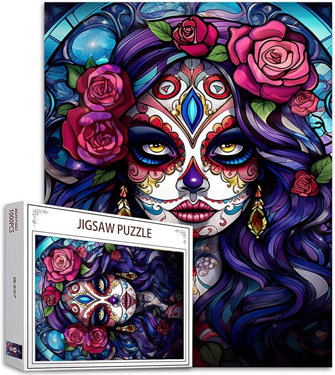 1000 Piece Jigsaw Puzzles for Adults Sugar Skull Girl Painting Jigsaw Puzzle Fashion Skeleton Makeup Puzzles for Challenging Family Activity Dia De Los Muertos Pictures DIY Puzzle Wall Decor Gifts - sugar skull makeup kit