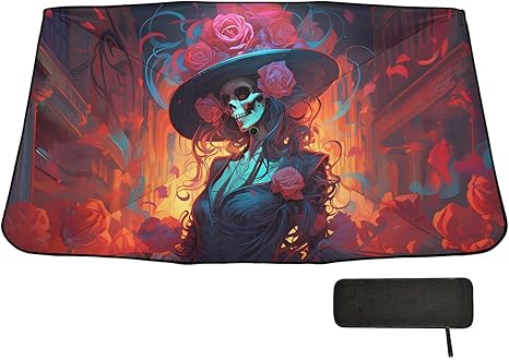 Umbrella Car Windshield Sunshade with Pouch Cute Mexican Roses Sugar Skull Sun Visor Windshield Shade,Foldable, Protect Interior & Keep Cool,Suitable Most Vehicles, 55" x 27.5" - sugar skull car sunshade for windshield