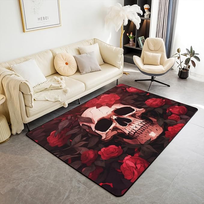 Erosebridal Sugar Skull Area Rug for Kids Boys Girls,Red Rose Carpet 3x5,Watercolor Floral Skeleton Printed Indoor Floor Mat Non Slip,Romantic Rose Skull Decorative Rug for Home Decorative - sugar skull area rug