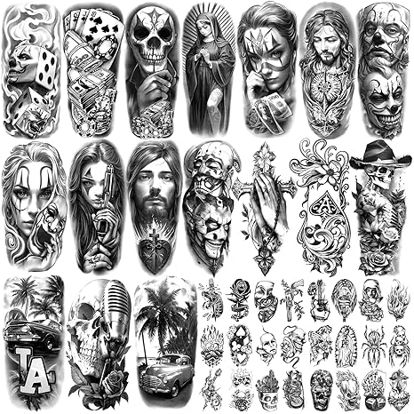 Yazhiji Waterproof Temporary Tattoos For Adult, Chicano Large Fake Tattoo Guadalupe Gangster Prisoner Day of the Dead, Lowrider Style Culture Mexico Clown 77 sheets Tattoo Stickers for Men Women - sugar skull temporary tattoo