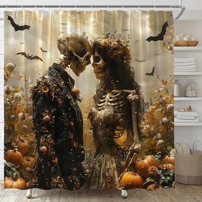 Sugar Skull Shower Curtain Gothic Romance Love Skeleton Couple Day of The Dead Floral Bat Horror Halloween Fabric Bathroom Decor Set with Hooks,(59" Wx70 H) - sugar skull shower curtain set