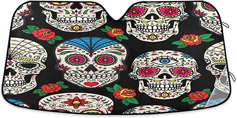 Mexican Sugar Skulls Car Sun Shade Windshield, Foldable Car Shade Front Windshield, Funny Sun Visor for Car Windshield, Universal Car Windshield Cover for Cars, Trucks, SUV - sugar skull car sunshade for windshield