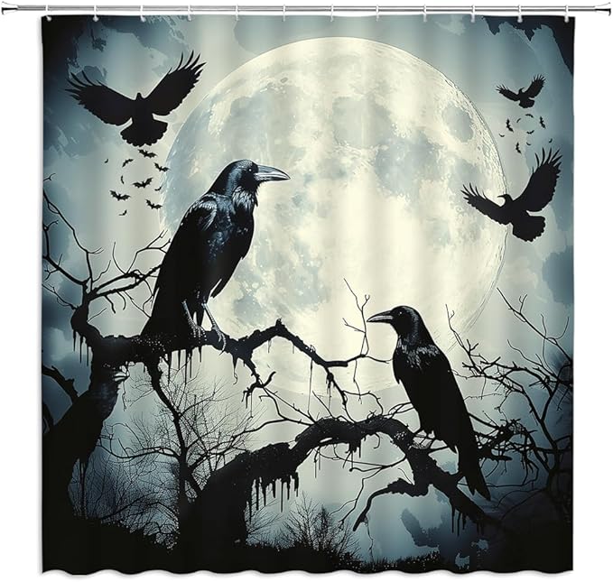 Halloween Raven Shower Curtain Goth Crow on Branch Tree Full Moon Misty Forest Horror Bat Gothic Watercolor Scary Animal Fabric Bathroom Decor Curtains with Hooks,70 x 70 - sugar skull shower curtain set