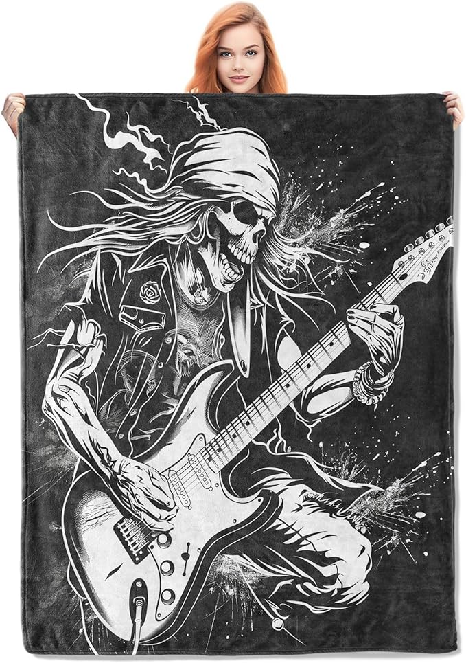 Rock Guitar Skeleton Throw Blanket Gifts, Soft Cozy Fleece Blanket with Edgy Skull and Guitarist Print, Blanket for Couch Bed Sofa, Perfect for Music Lovers and Rock Fans, 50x60 in - sugar skull throw blanket