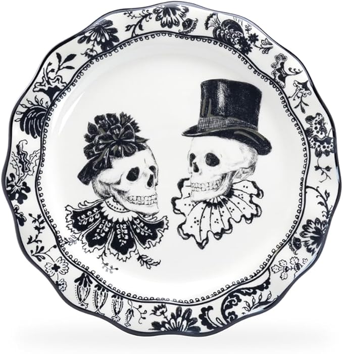8.5"" Halloween Skulls Ceramic Scallop Shaped Dessert Salad Serving Plate Set of One Plate, Black/White - sugar skull plates set