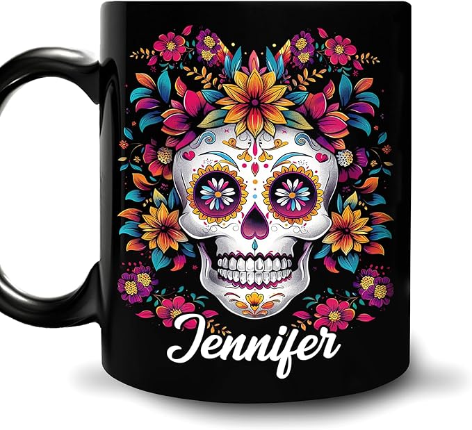 Personalized Sugar Skull Mug - Floral Skull Gifts for Women - Idea Gothic Gift for Birthday Mother's Day - Day of The Dead Gifts Custom Name 11oz 15oz Black Ceramic Coffee Tea Cup - sugar skull beach towel