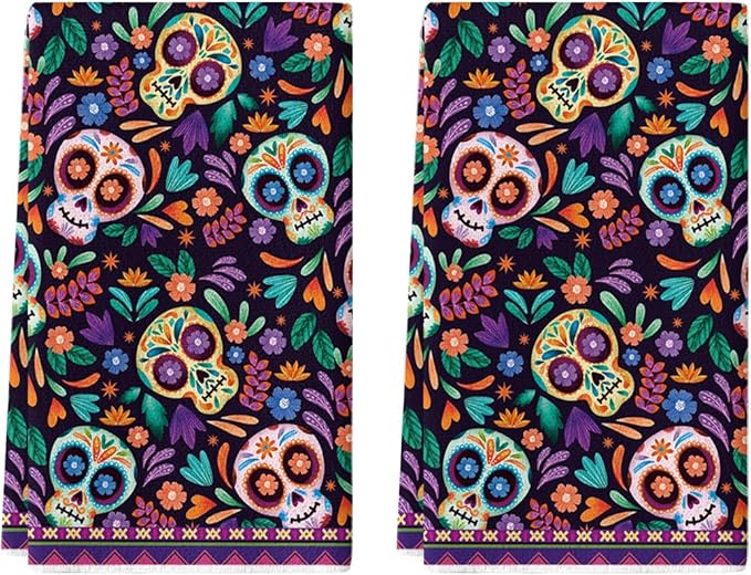 Artoid Mode Sugar Skull Day of The Dead Kitchen Towels Dish Towels, 18x26 Inch Daisy Flower Mexican Decor Hand Towels Set of 2 - sugar skull christmas ornament