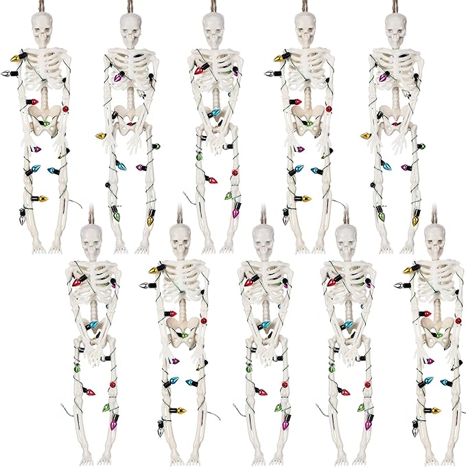 10 Pcs Christmas Skeleton Wrapped in Lights 6.7 Inch Christmas Tree Hanging Ornament Scary Skeletons Mini Skeletons Figurines for Haunted House Graveyard Halloween Party Decor - sugar skull christmas decorations