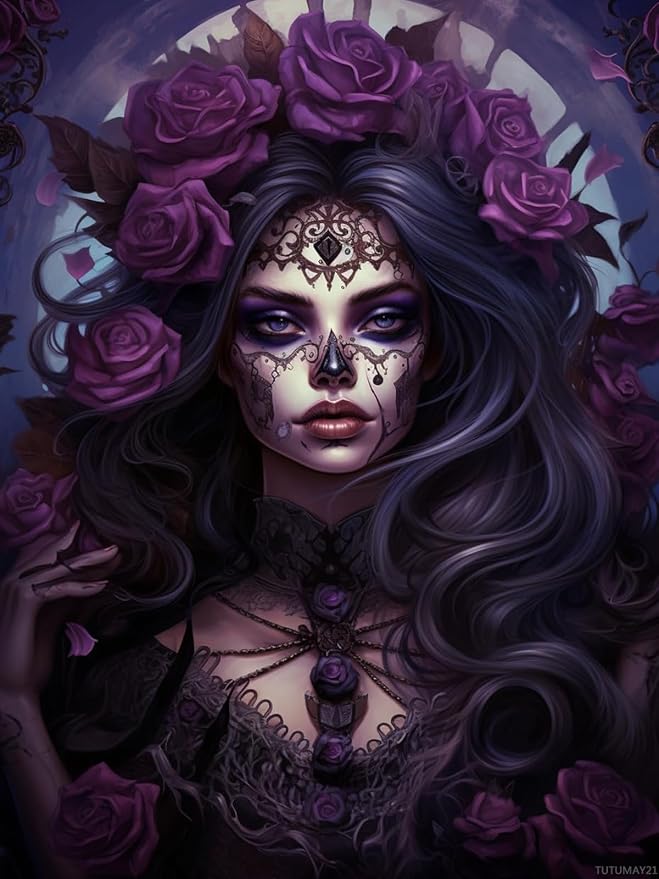 TUTUMAY21 DIY Diamond Art Painting Kits for Adults Black and Purple Sugar Skull Girl Round Full Drill Canvas Gems Cross Stitch Art Kit 5D Painting by Diamond Mosaic Craft for Halloween 12x16inch - sugar skull canvas wall art