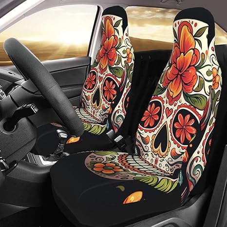 Car Seat Cover 2 Pack Seat Covers for Car Front Seats Protector Colorful Sugar Skull Seat Covers Auto Seat Mat with Elastic Strap Seat Protector Car Covers Auto Accessories Set of 2 - sugar skull car floor mats