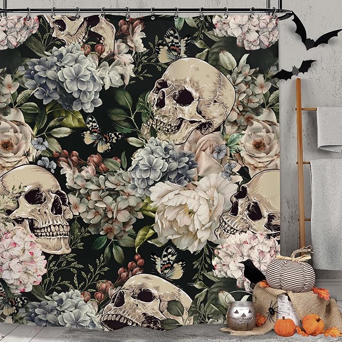 Yookeb Skull Halloween Flower Bathroom Shower Curtain 60W by 71H Inch Floral Hydrangea Scary Spooky Gothic Peony Vintage Accessory Polyester 12 Hooks Waterproof Decor - sugar skull shower curtain set