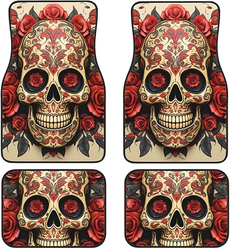 Car Floor Mats 4 Piece Universal Car Floor Mats Red Rose Sugar Skull Car Mat Set Floor Mats for Car Non-Slip Car Foot Pad Car Carpet Car Liner Decor Heel Pad for SUV Most Vehicles - sugar skull car floor mats