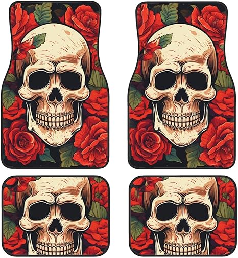 Car Floor Mats 4 Piece Universal Car Floor Mats Sugar Skull Rose Car Mat Set Floor Mats for Car Non-Slip Car Foot Pad Car Carpet Car Liner Decor Heel Pad for SUV Most Vehicles - sugar skull car floor mats