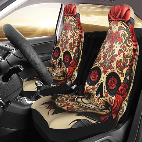 Car Seat Cover 2 Pack Seat Covers for Car Front Seats Protector Red Rose Sugar Skull Seat Covers Auto Seat Mat with Elastic Strap Seat Protector Car Covers Auto Accessories Set of 2 - sugar skull car floor mats
