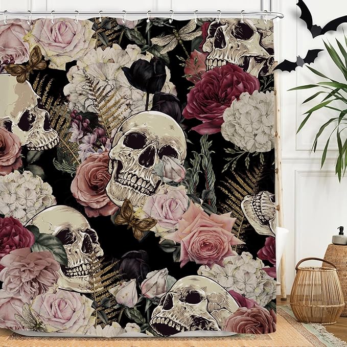 Miyotaa Gothic Skull Shower Curtain Set 60Wx71H Inches Rose Vintage Scary Spooky Flower Burgundy Waterproof Bathroom Curtain with 12 Hooks - sugar skull shower curtain set