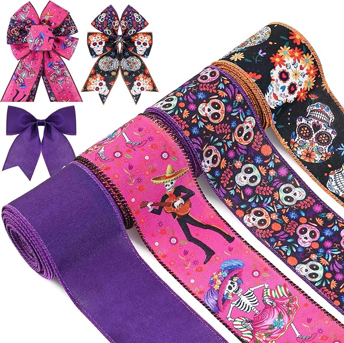 Bolsome 4 Rolls Day of The Dead Wired Edge Burlap Ribbon, Black Purple Skull Flower Printed, Mexican Dia De Los Muertos Ribbon for Mexican Halloween Party DIY Craft Supplies - sugar skull wreath for front door