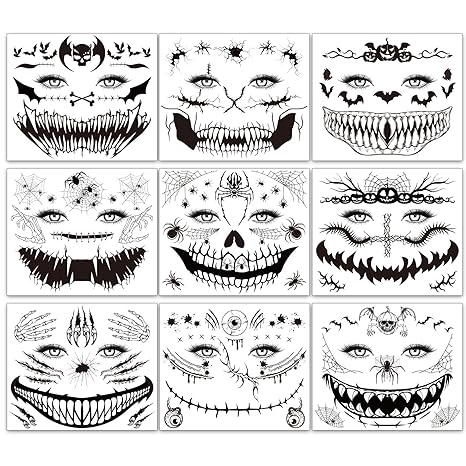 9 Sheets Scary Halloween Face Temporary Tattoos for Women Men,Horror Big Mouth Wound Scars Stitches Tattoos Decals, Spider Web Bat Day of the Dead Witch Zombie Makeup Party Favor Supplies - sugar skull temporary tattoo
