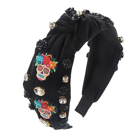 Halloween Hair Bands Sugar Skull Floral Rose Fabric Rhinestones Headband Women's Day of the Dead Dia De Los Muertos Party Hair Hoop Accessories Headwear Jewelry Gifts 01(Black) - sugar skull flower crown