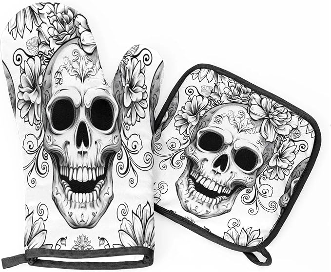 Sugar Skull Oven Mitts and Pot Holders 2 pcs Set, Black White Flowers Heat Resistant Kitchen Oven Glove with Hanging Loop for Baking Grilling Cooking - sugar skull oven mitts