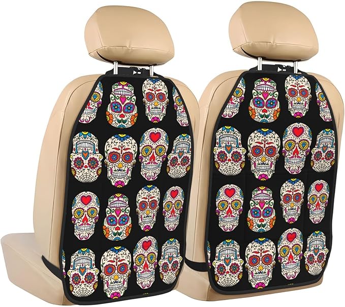 Sugar Skulls 2 Pack Car Seat Organizer Kick Mats Car Back Seat Protectorcar for Car, SUV, Minivan, Truck Organization Accessories Automotive Interior Protectors - sugar skull car floor mats