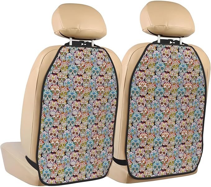 Colorful Sugar Skull 2 Pack Car Seat Organizer Kick Mats Car Back Seat Protectorcar for Car, SUV, Minivan, Truck Organization Accessories Automotive Interior Protectors - sugar skull car floor mats