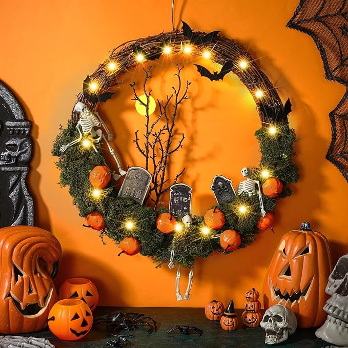 Halloween Skeleton Wreath for Front Door 16'' Halloween Light up Wreath with Faux Skeleton Bat Tombstone and Pumpkin for Door Window Porch Wall Decor - sugar skull wreath for front door