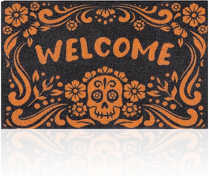 Halloween Door Mat Day of The Dead Skull Doormat Decoration Imitation Coir Door Rug Farmhouse Rugs for Front Floor Porch Indoor Home - sugar skull floor mat