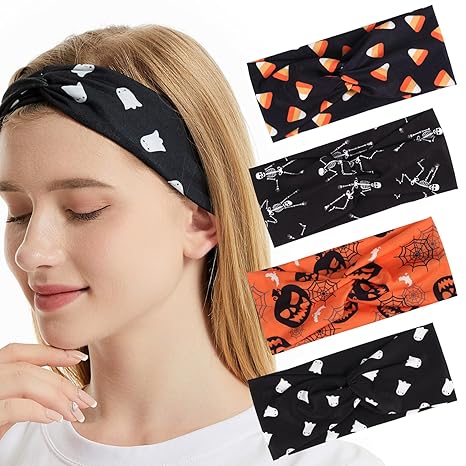 Ardorchid Halloween Headbands for Women Girls Skull Skeleton Ghost Pumpkin Knotted Headband Spooky Sugar Hair Accessories Halloween Outfit Gifts Twist Turban Celebration Party Headwraps 4PCS - sugar skull flower crown