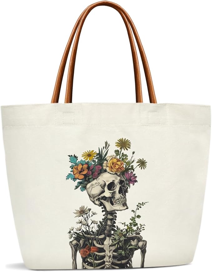 ZEDEV Canvas Tote Bag For Women, Skull Travel Tote Bags For Work, Beach, Gym, Shopping, Handbag Birthday Gifts for Women, Mom, Teacher, Friends -07 - sugar skull handbags for sale