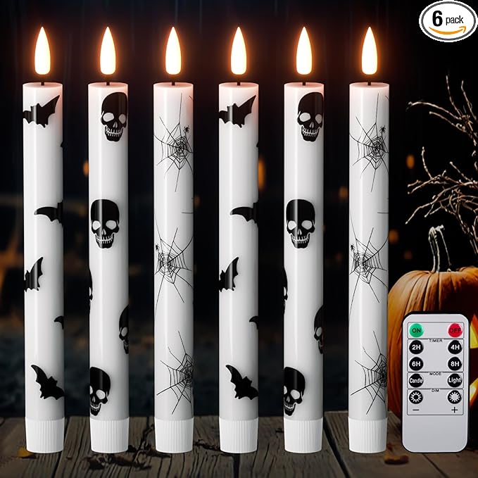 GenSwin Flameless Taper Candles with Remote Timer, 6Pcs LED Flickering Taper Candles Battery Operated Real Wax with Spider Webs/Skull/Bats Decals for Halloween Spooky Decoration (White, 0.78”x9.65”) - sugar skull candle holder