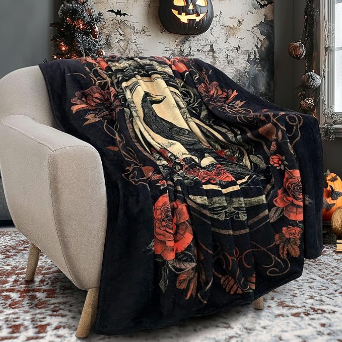 Halloween Goth Throw Blanket 50x60 Inch Gothic Crow Blankets Soft Lightweight Cozy Plush Blanket for Halloween Decor Gifts - sugar skull throw blanket