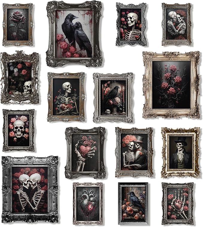 97 Decor 16 Pcs Floral Gothic Decor for Home - Pink Skull Wall Decor, Goth Room Decor, Creepy Halloween Wall Decor, Spooky Art Prints Skull Pictures Gothic Posters for Bathroom Bedroom (8x10 Unframed) - sugar skull poster print