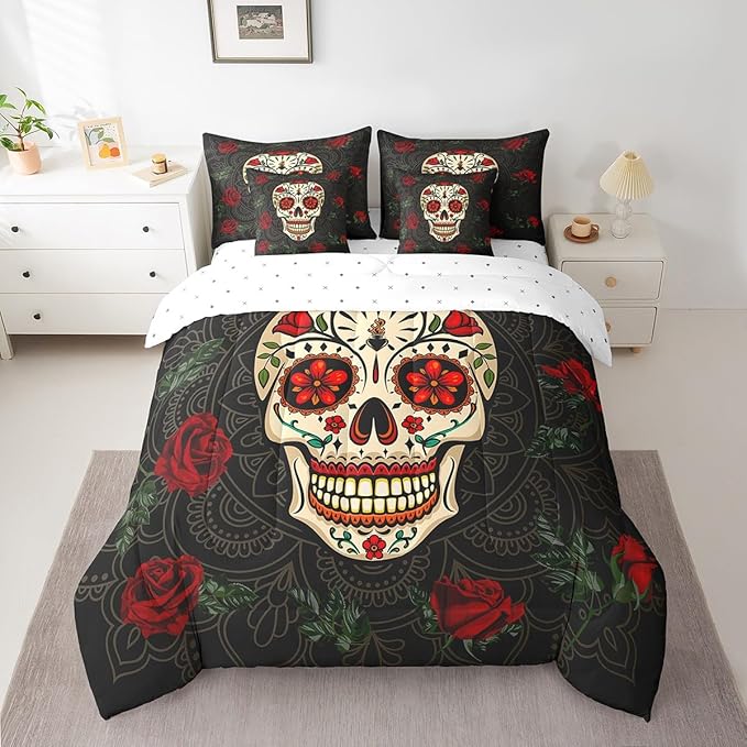 Erosebridal Sugar Skull Bedding Set Full Size Gothic Skull 7 Pcs Comforter Set Rose Floral Skull Retro Bed in A Bag Sheet Set Skulls Bone Quilt Set Skull Theme Bedding Set, Black - sugar skull bedding set