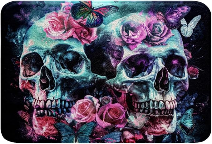 Erosebridal Sugar Skull Bath Mat Gothic Skeleton Door Mat,Rainbow Butterfly Bathroom Rug 16x24 Pink Rose Flower Bathroom Mat Vintage Grunge Carpet Kids Boys Girls Home Decoration - sugar skull area rug