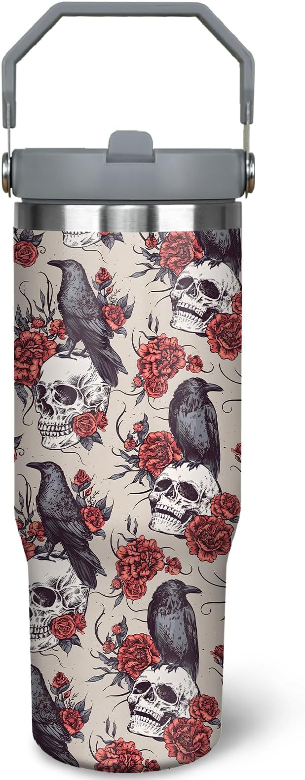 30oz Halloween Tumbler with Top Handle and Straw, Stainless Steel Insulated Gohst Pumpkin Cup Halloween Skeleton Coofee Mug Gifts for Women Men - sugar skull tumbler with straw