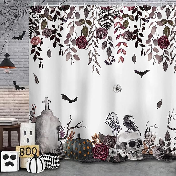 Baccessor Scary Skull Rose Halloween Shower Curtain for Bathroom Gothic Cemetery with Bats Pumpkins Shower Curtains Polyester Fabric Bath Home Decor Waterproof Weighted with Hooks 72 W x72 H Inch - sugar skull shower curtain set