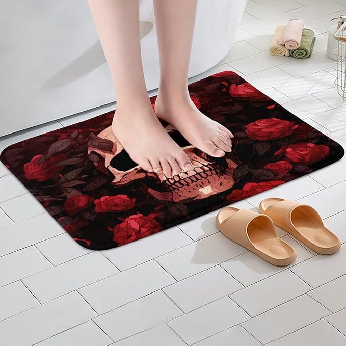 Erosebridal Sugar Skull Bathroom Rug 20"X32" Red Black Rose Skull Door Mat for Kids Boys Teen Men,Goth Bones Skeleton Bath Mat Non Slip Exotic Romantic Soft Entrance Rug - sugar skull toilet mat set