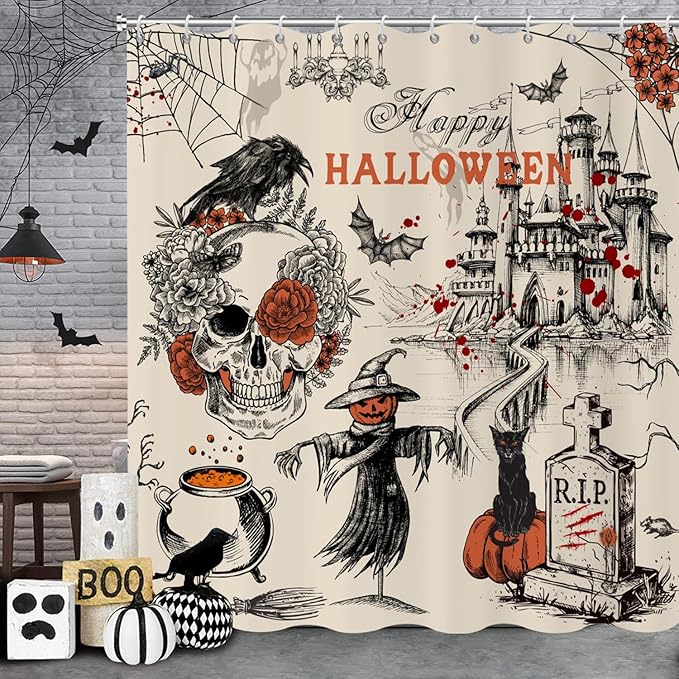 Vintage Halloween Shower Curtain, Gothic Skull Scarecrow Crow Grave Castle Retro Halloween Bathroom Curtain Waterproof Fabric Machine Washable with Hooks, 72" Wx72 L - sugar skull shower curtain set