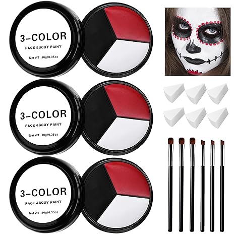 EBaokuup 3 Set Black White Red Face body Paint,3 Colors Clown Makeup Kit with Sponge and Brush,Joker Face Body Paint for Halloween Cosplay,Special Effect Makeup and Costume-Themed Party - sugar skull makeup kit