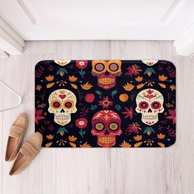 Feelyou Sugar Skull Bath Mats for Bathroom Gothic Skull Bathroom Rugs Red Floral Skull Bath Rugs for Shower Tub for Kids Boys Girls Halloween Themed Bathroom Accossories Room Decor 20"x32" - sugar skull toilet mat set